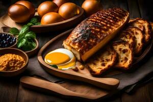 a loaf of bread, eggs and bread on a wooden board. AI-Generated photo