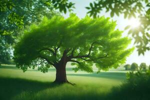 un árbol en un campo con verde césped. generado por ai foto