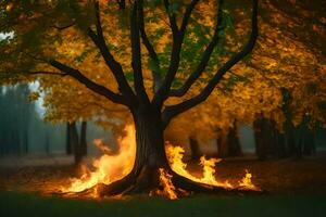 a tree with flames coming out of it in the middle of a forest. AI-Generated photo