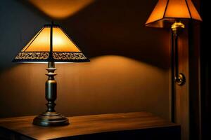 a lamp on a table in the dark. AI-Generated photo