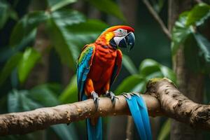 a colorful parrot sits on a branch in the jungle. AI-Generated photo