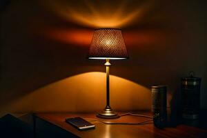 a lamp on a table with a cell phone. AI-Generated photo