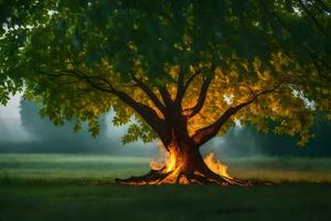 a tree with flames coming out of it in the middle of a field. AI-Generated photo