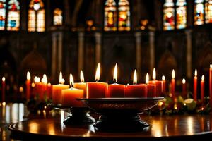 velas son iluminado en frente de un iglesia. generado por ai foto