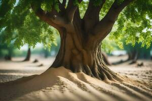 a tree in the desert with sand and trees. AI-Generated photo