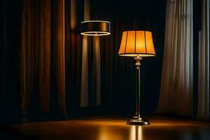 un lámpara y un pantalla de lámpara en un oscuro habitación. generado por ai foto