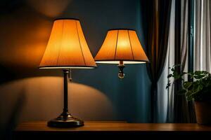 two lamps on a table in front of a window. AI-Generated photo