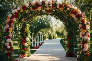 un Boda arco decorado con flores generado por ai foto