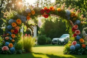 a wedding arch made of flowers in the grass. AI-Generated photo