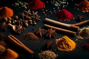 various spices and spices on a black background. AI-Generated photo