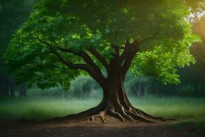 un árbol con raíces en el suelo. generado por ai foto