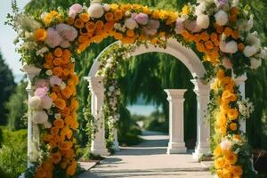 an archway decorated with flowers and greenery. AI-Generated photo