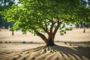 a tree in the desert with sand in the background. AI-Generated photo