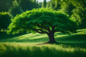 a tree in the middle of a green field. AI-Generated photo