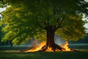 a tree with flames coming out of it in the middle of a field. AI-Generated photo