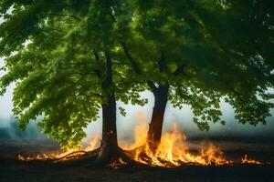 dos arboles son ardiente en el medio de un campo. generado por ai foto