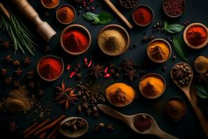 spices and herbs on a black background. AI-Generated photo