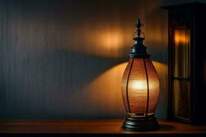 a lamp on a table in front of a wooden shelf. AI-Generated photo