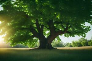 un grande árbol en el medio de un campo. generado por ai foto