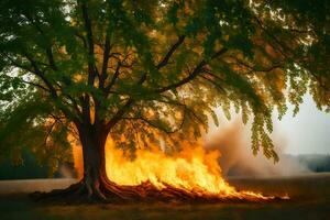 un árbol es ardiente en el medio de un campo. generado por ai foto