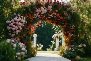a walkway is surrounded by flowers and greenery. AI-Generated photo