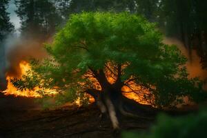 a tree is burning in the forest. AI-Generated photo