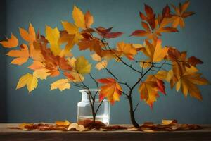 autumn leaves in a vase on a table. AI-Generated photo