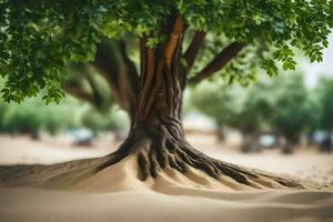 un árbol con raíces creciente fuera de el arena. generado por ai foto