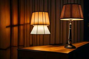 a lamp on a table in front of a curtain. AI-Generated photo