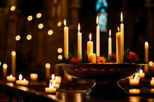 candles are lit in a church with candles. AI-Generated photo