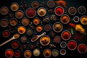 various spices and herbs in bowls on a black background. AI-Generated photo