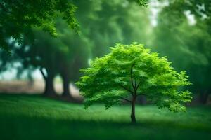 un soltero árbol en un verde campo. generado por ai foto