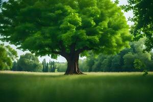 a large green tree in the middle of a field. AI-Generated photo