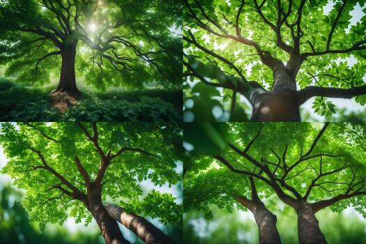 four different images of trees with sunlight shining through them. AI-Generated photo