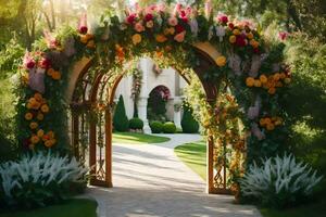 a beautiful archway with flowers and greenery. AI-Generated photo