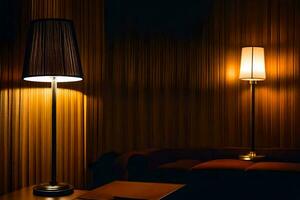 a lamp is on a table in a dark room. AI-Generated photo