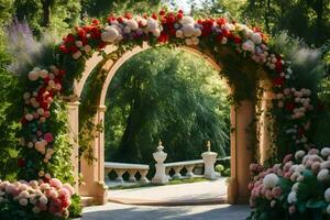 un arco con flores y verdor. generado por ai foto