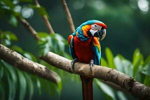 a colorful parrot sits on a branch. AI-Generated photo