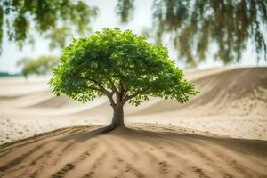 a tree growing in the middle of a desert. AI-Generated photo