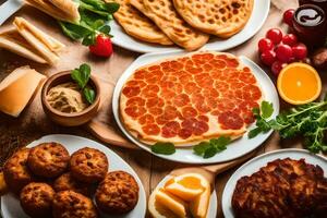 various foods on a wooden table. AI-Generated photo