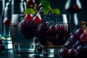 two glasses with grapes and a bottle of vodka. AI-Generated photo