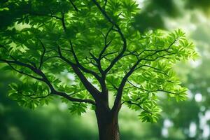 a tree with green leaves in the sunlight. AI-Generated photo