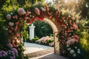 an archway with pink flowers and green leaves. AI-Generated photo