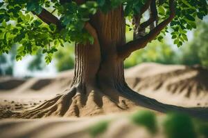 un árbol con raíces en el arena. generado por ai foto