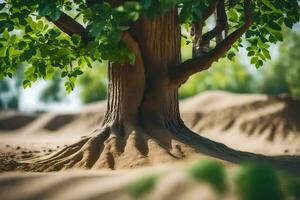 a tree with roots in the sand. AI-Generated photo