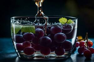 a glass of red grapes being poured into a glass. AI-Generated photo