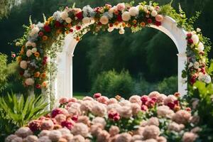 a wedding arch with flowers in the background. AI-Generated photo