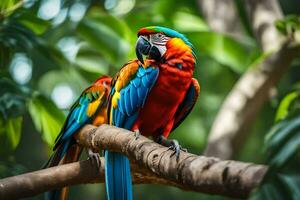 two colorful parrots sitting on a branch. AI-Generated photo