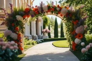 an archway with flowers and greenery. AI-Generated photo