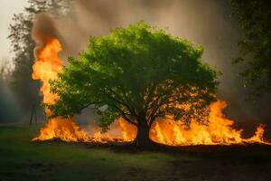 a tree is burning in the field. AI-Generated photo